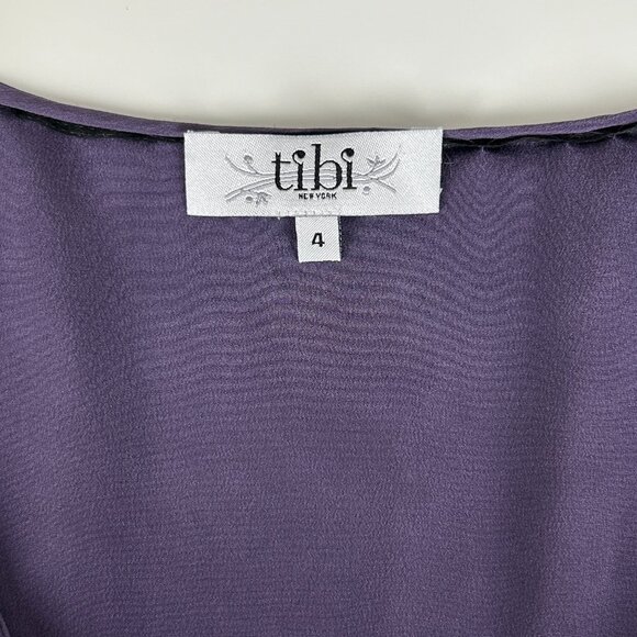 Tibi Blouse Women 4 100% Silk Roll Tab Sleeve Purple Embellished Beaded Feathers - Picture 7 of 12